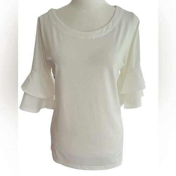 La Mer Luxe white scoop neck top with double ruffle elbow length sleeves size XS - Picture 1 of 6